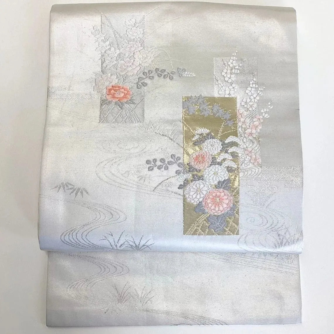 5747# Japanese Vintage Nagoya Obi Belt Kimono Fabric Silk Traditional Silver