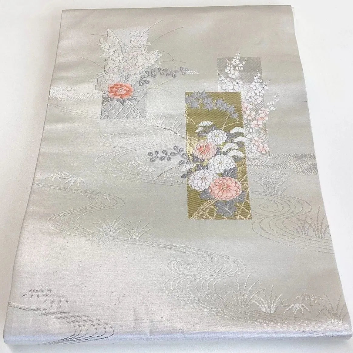 5747# Japanese Vintage Nagoya Obi Belt Kimono Fabric Silk Traditional Silver