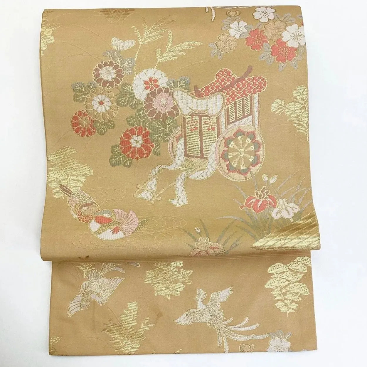 5748# Japanese Vintage Nagoya Obi Belt Kimono Fabric Silk Traditional Gold