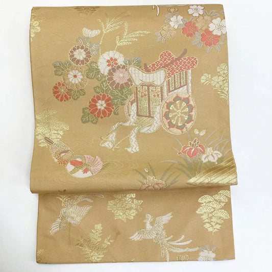 5748# Japanese Vintage Nagoya Obi Belt Kimono Fabric Silk Traditional Gold