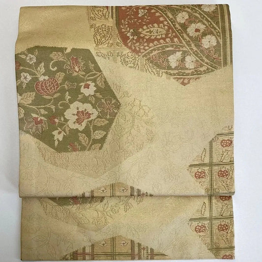 5750# Japanese Vintage Nagoya Obi Belt Kimono Fabric Silk Traditional Gold
