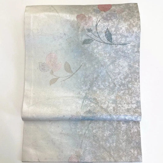 5751# Japanese Vintage Nagoya Obi Belt Kimono Fabric Silk Traditional Silver