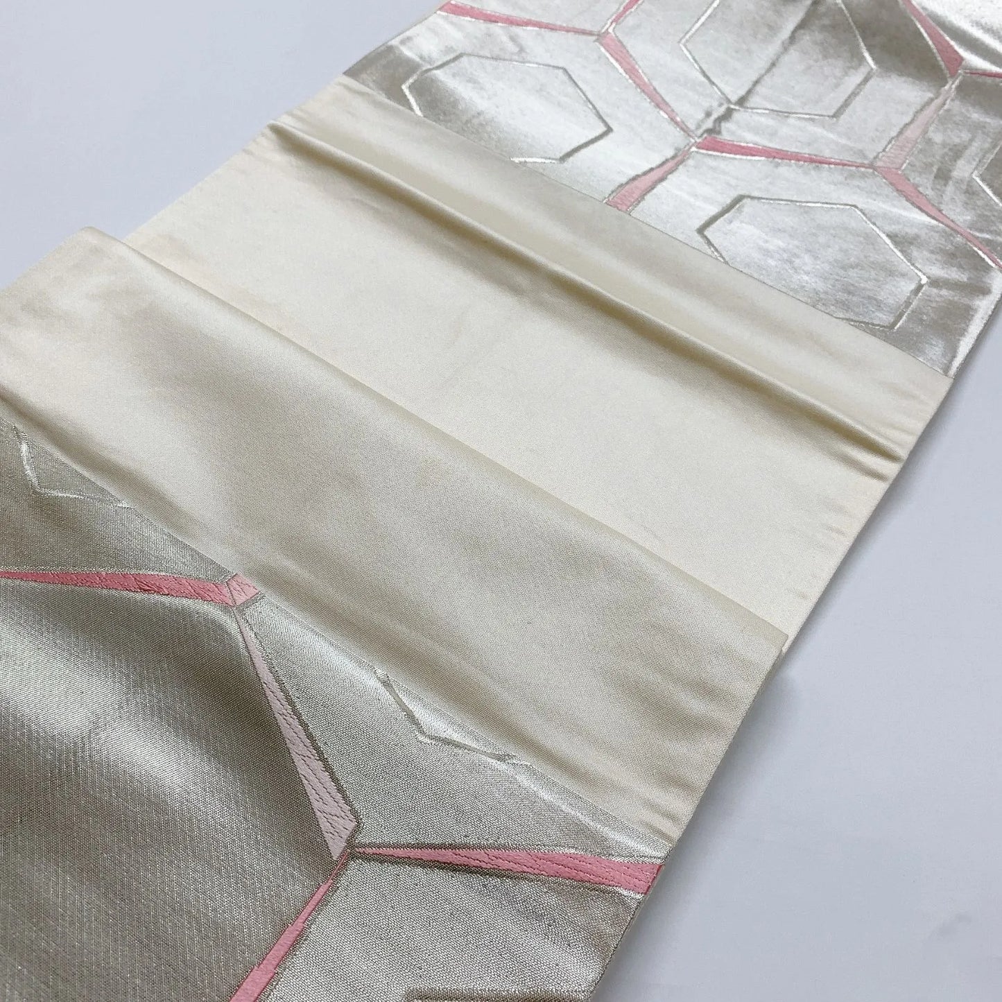 6027# Japanese Vintage Fukuro Obi Belt Kimono Fabric Silk Traditional Silver　