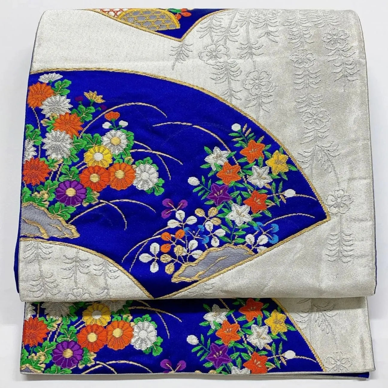 6034# Japanese Vintage Fukuro Obi Belt Kimono Fabric Silk Traditional Silver