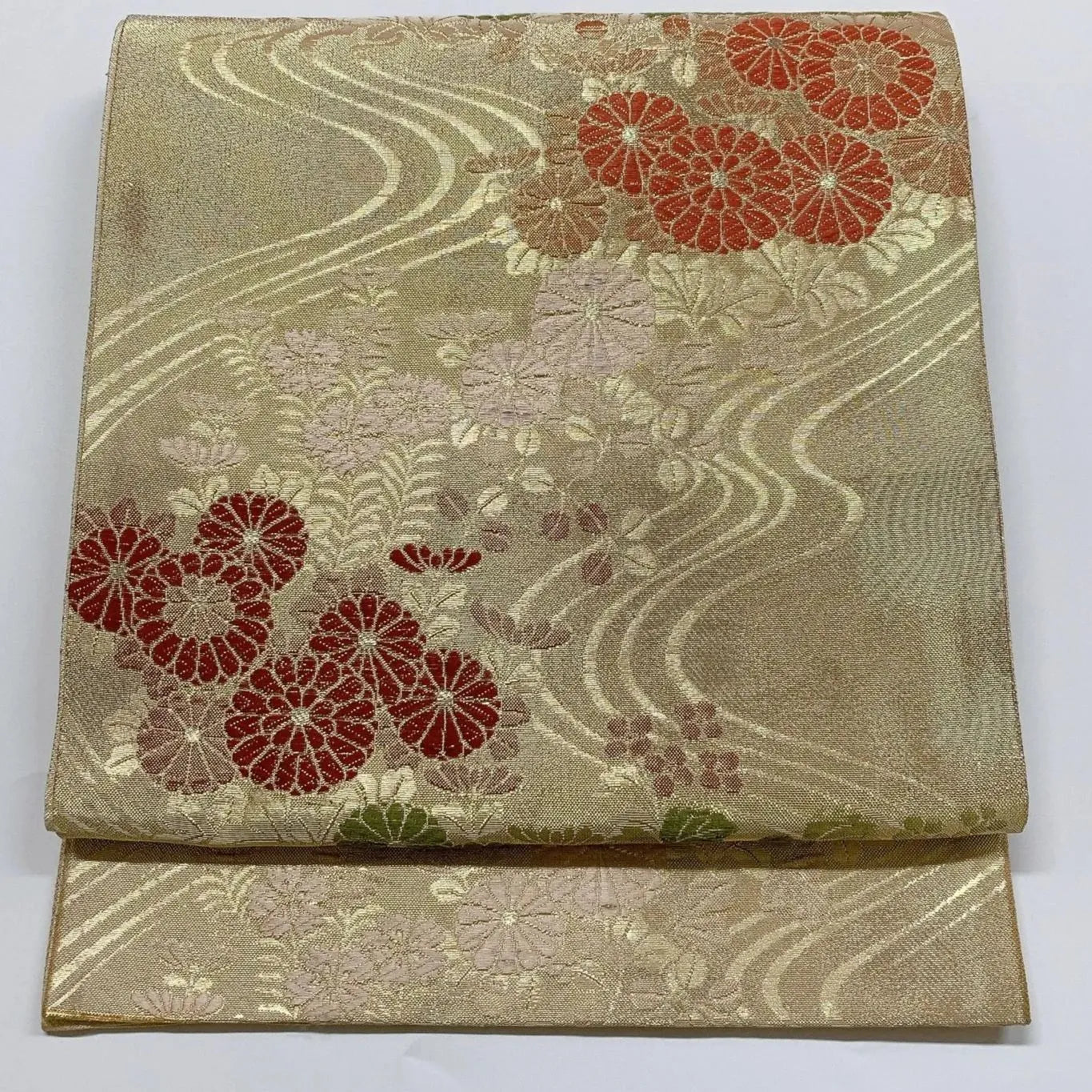 6050# Japanese Vintage Fukuro Obi Belt Kimono Fabric Silk Traditional Gold