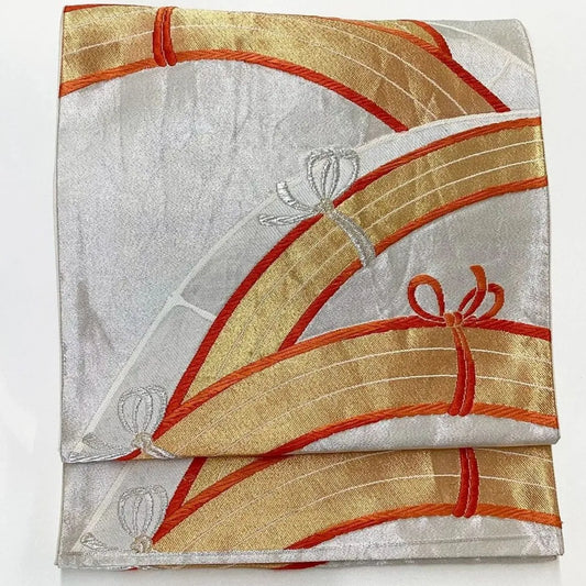 6201# Japanese Vintage Fukuro Obi Belt Kimono Fabric Silk Traditional Silver