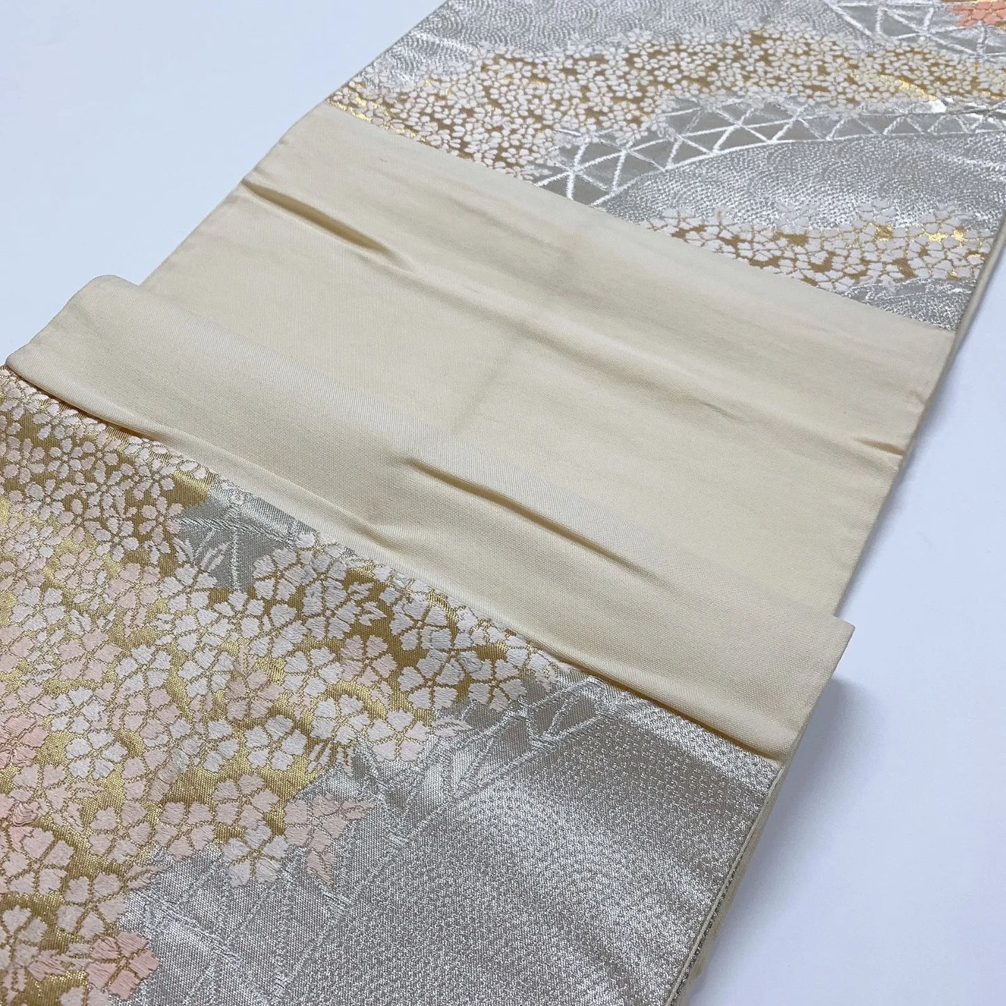6315# Japanese Vintage Fukuro Obi Belt Kimono Fabric Silk Traditional Silver