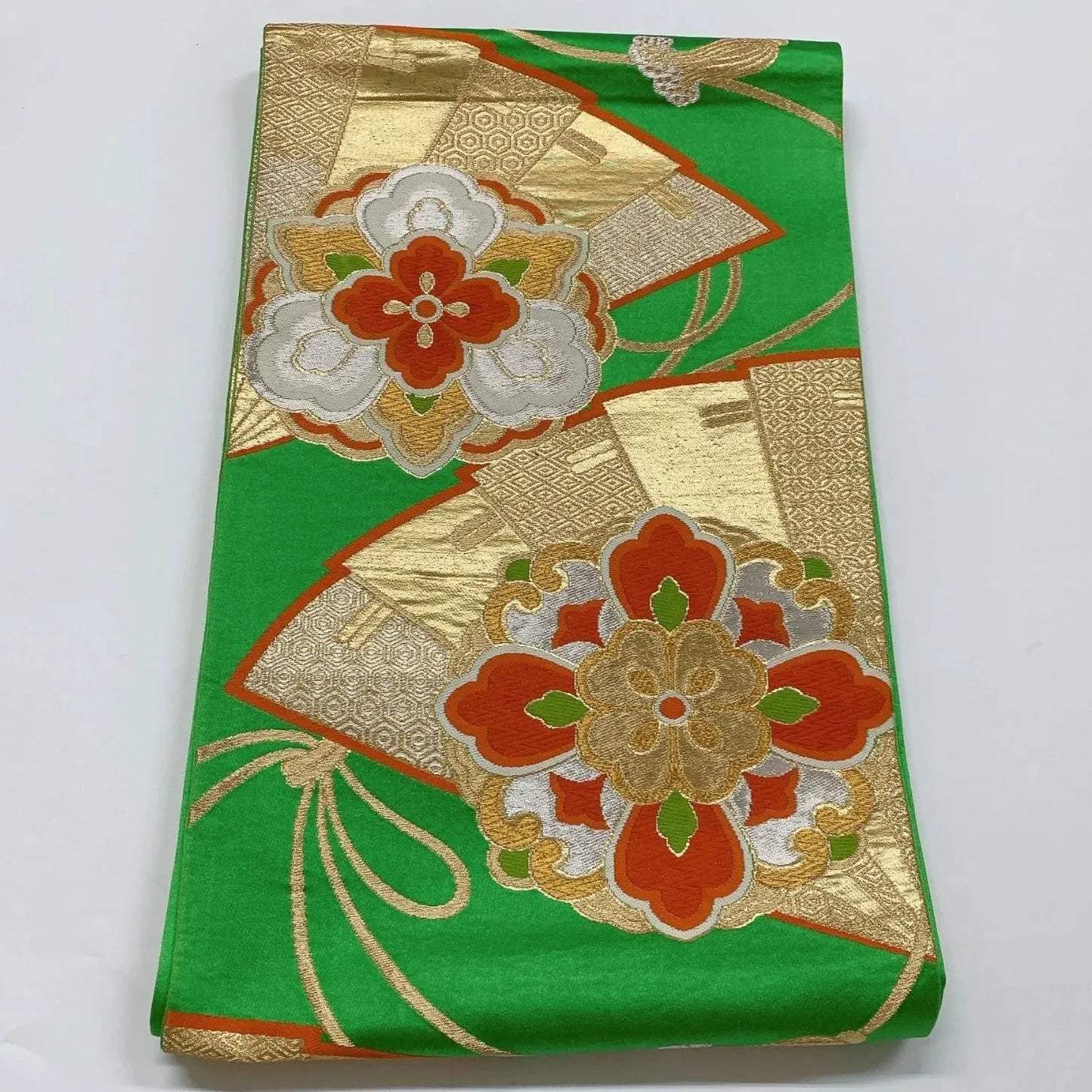 6280# Japanese Vintage Fukuro Obi Belt Kimono Fabric Silk Traditional Green
