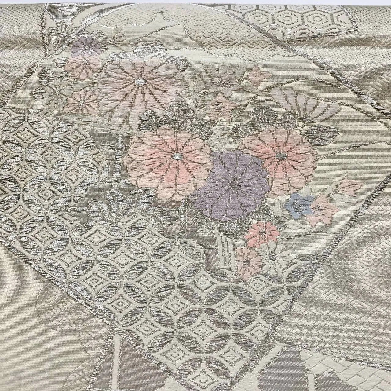 6362# Japanese Vintage Fukuro Obi Belt Kimono Fabric Silk Traditional Silver