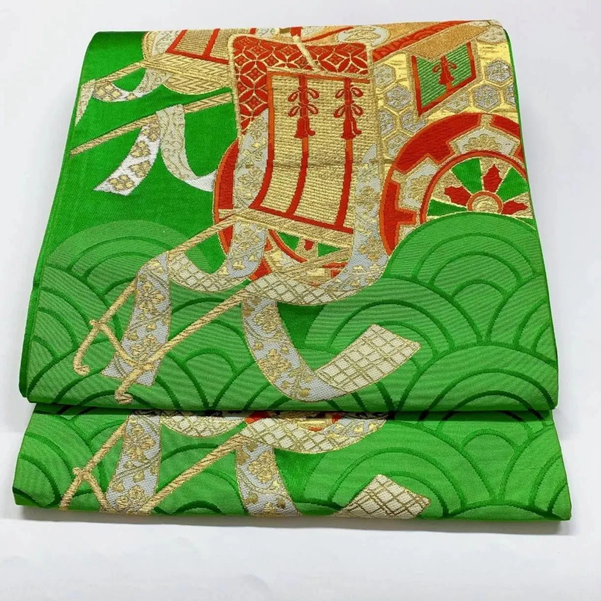 6361# Japanese Vintage Fukuro Obi Belt Kimono Fabric Silk Traditional Green