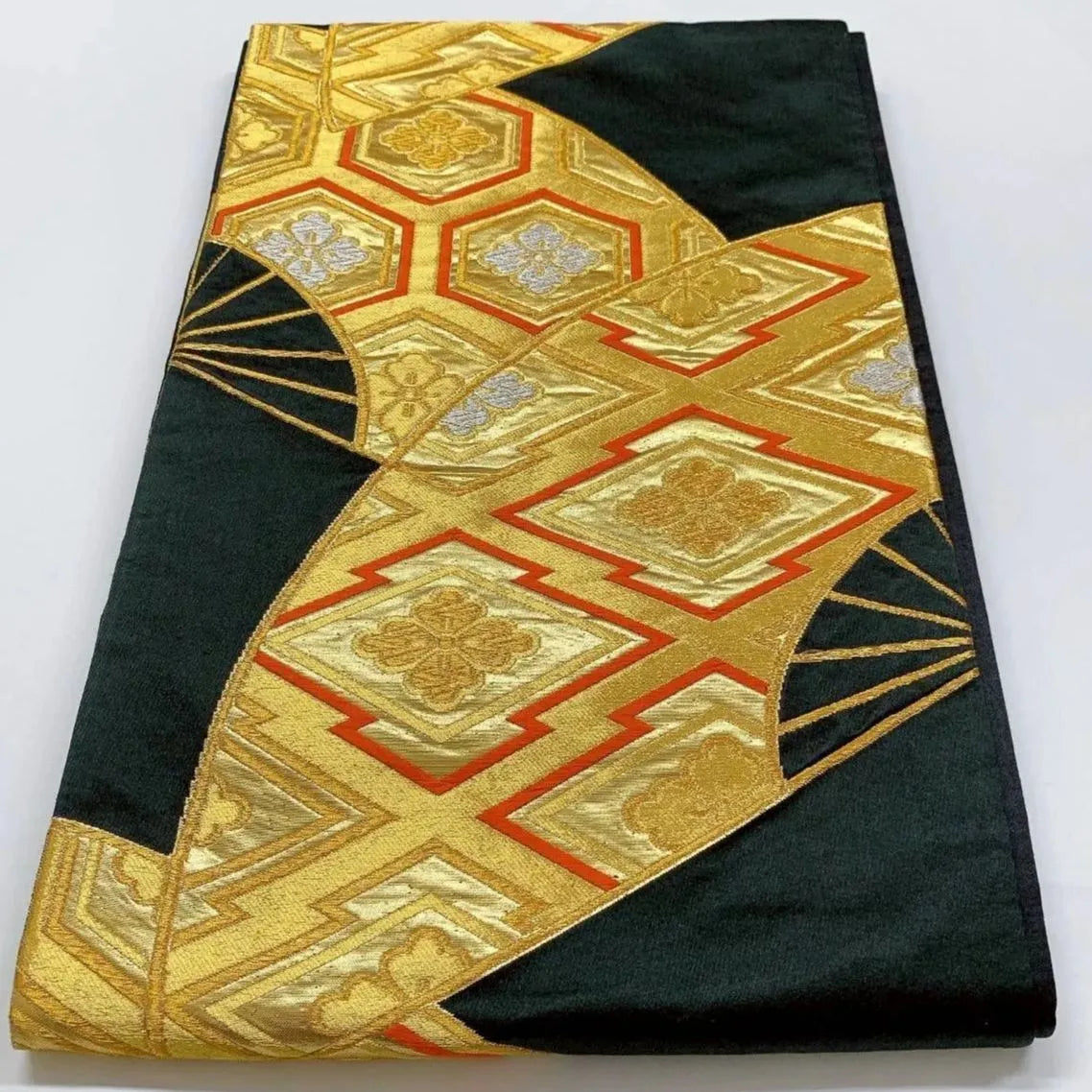 6364# Japanese Vintage Fukuro Obi Belt Kimono Fabric Silk Traditional Black
