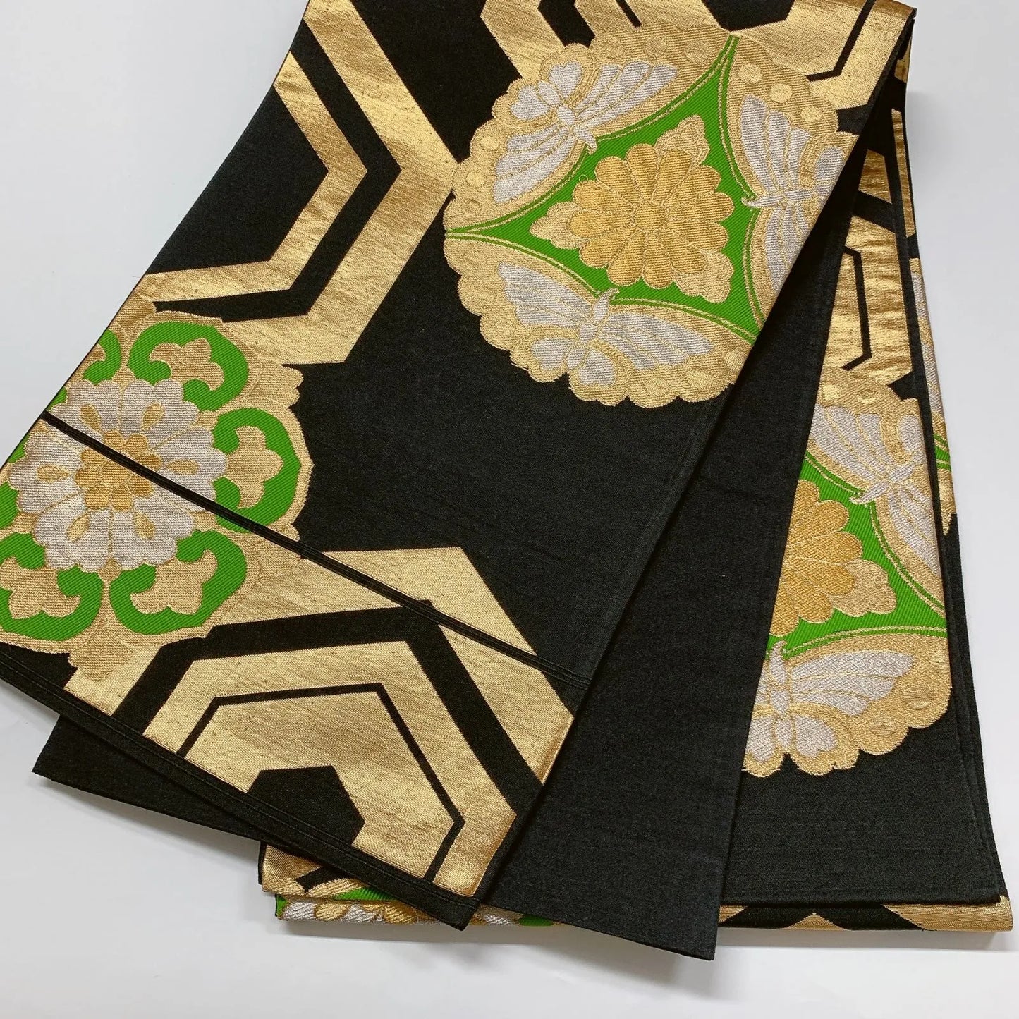 6592# Japanese Vintage Fukuro Obi Belt Kimono Fabric Silk Traditional Black　