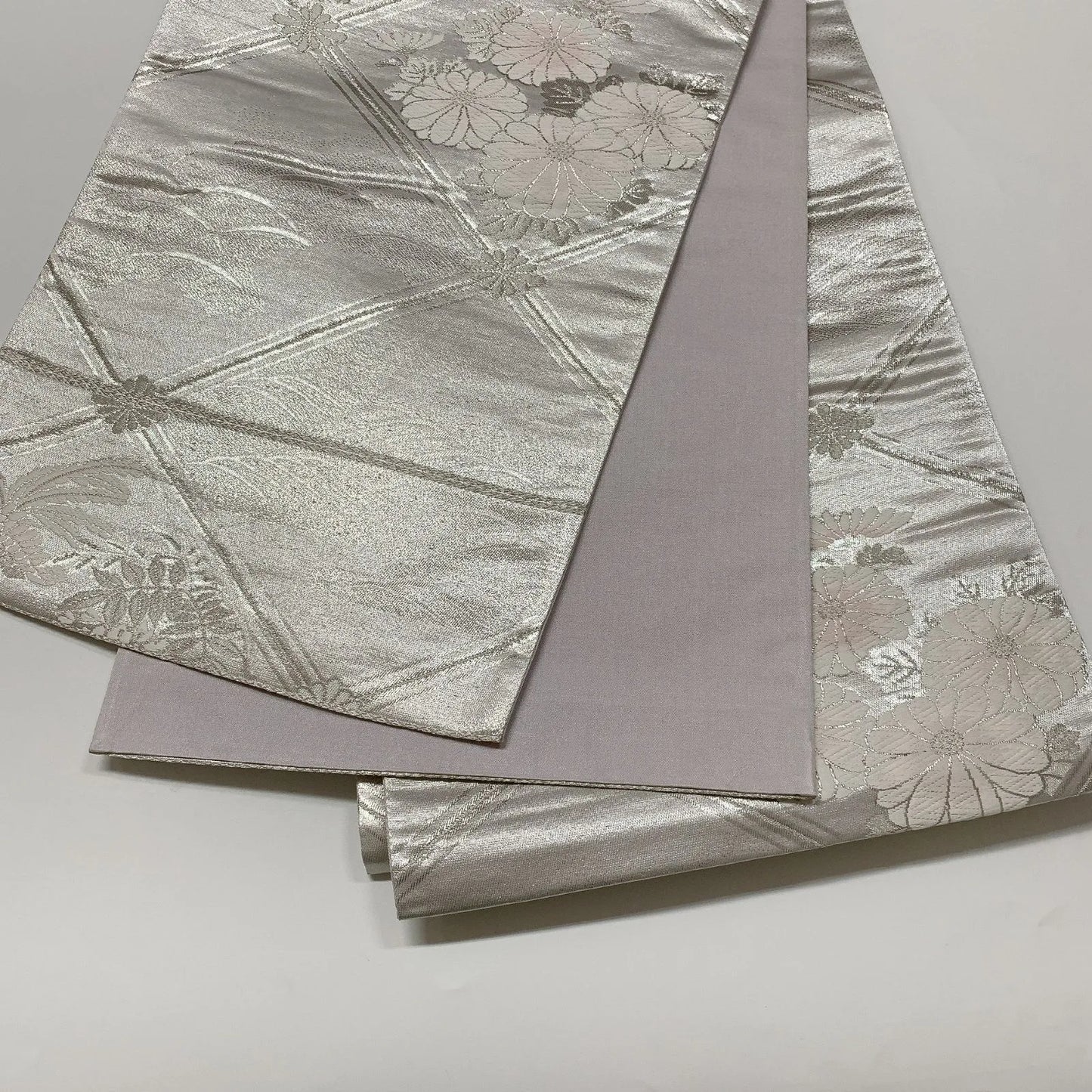 6598# Japanese Vintage Fukuro Obi Belt Kimono Fabric Silk Traditional Silver