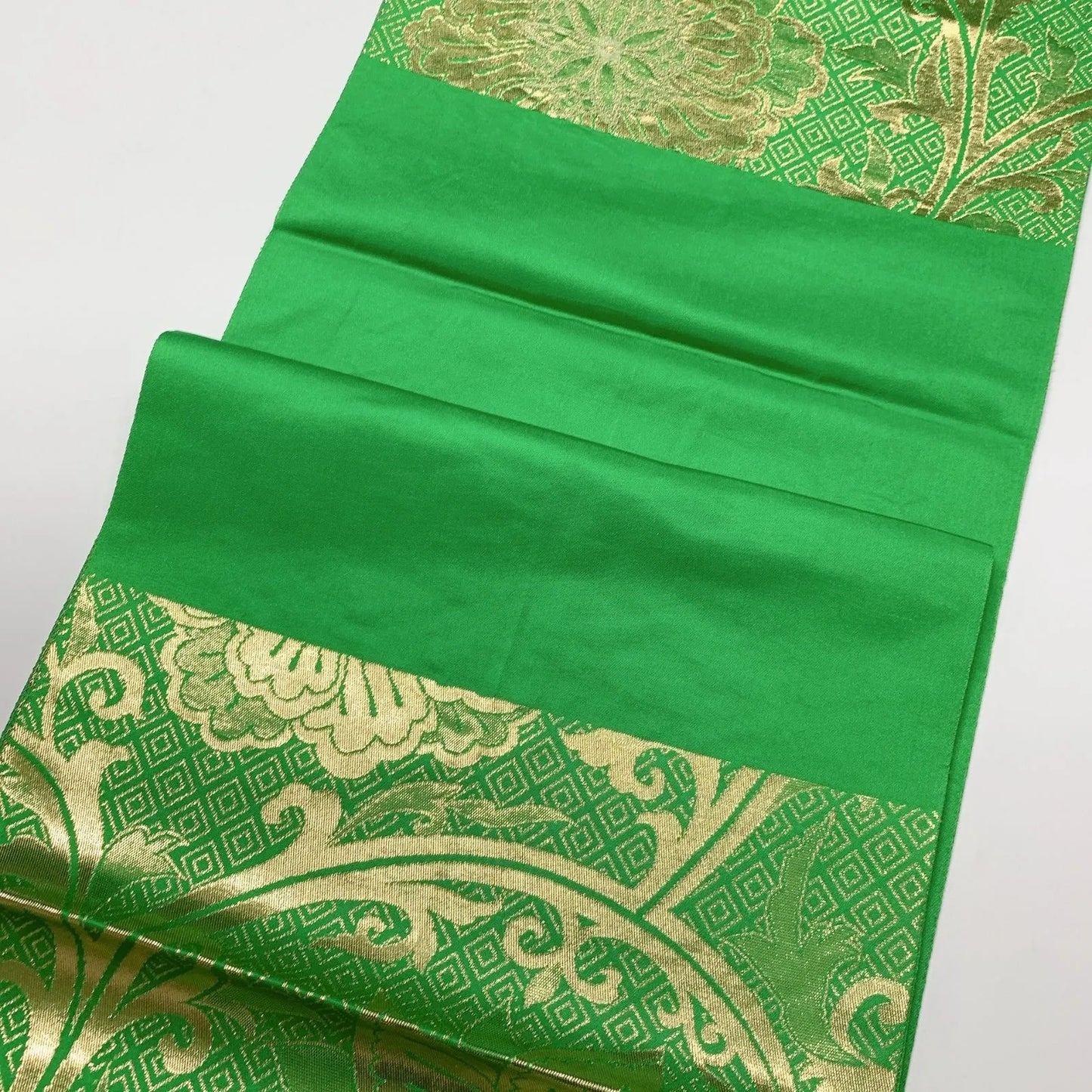 6619# Japanese Vintage Fukuro Obi Belt Kimono Fabric Silk Traditional Green