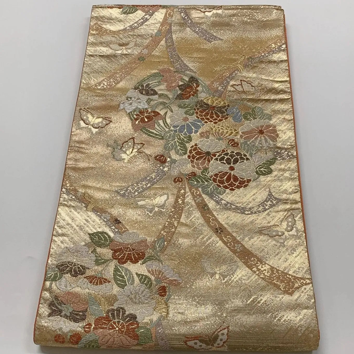 6612# Japanese Vintage Fukuro Obi Belt Kimono Fabric Silk Traditional Gold