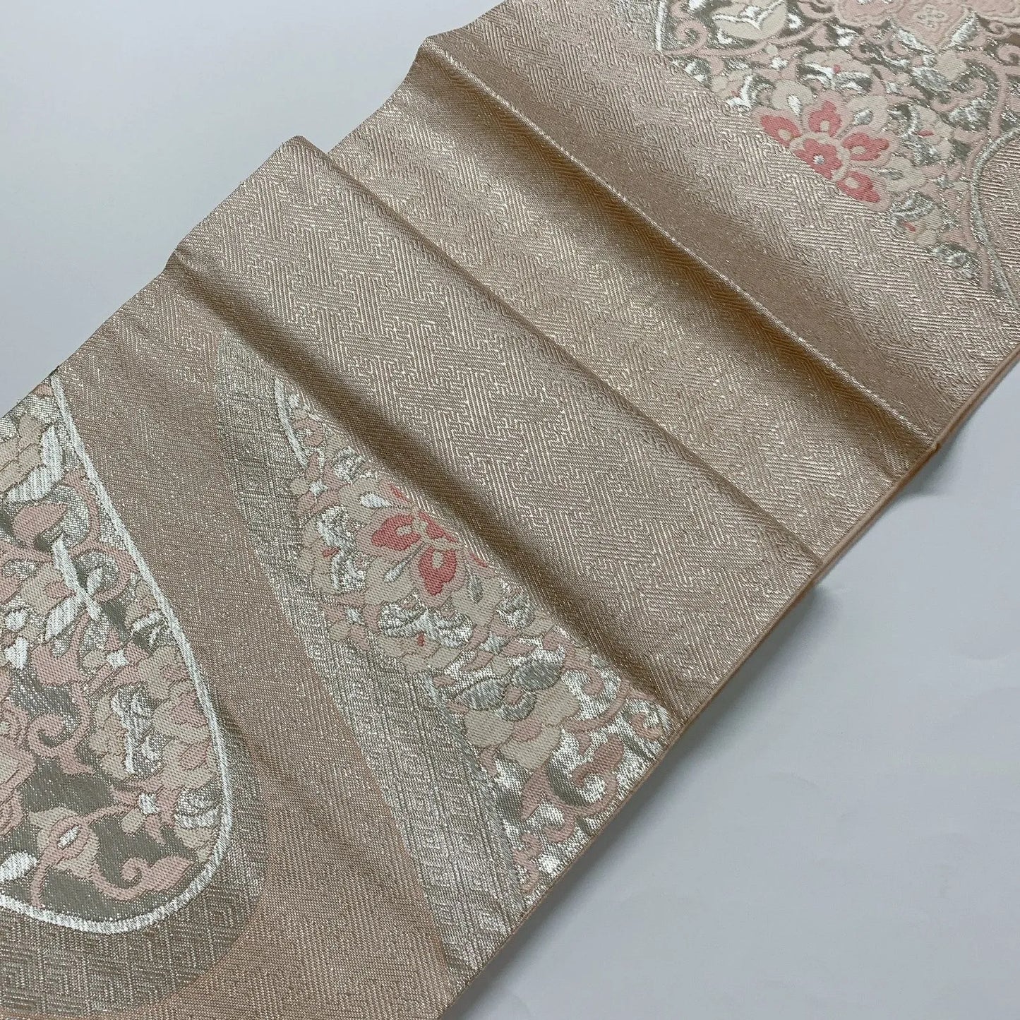 6627# Japanese Vintage Fukuro Obi Belt Kimono Fabric Silk Traditional Silver　