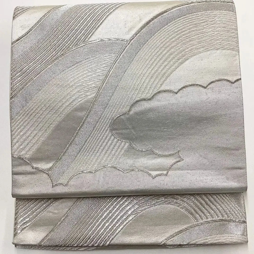 6669# Japanese Vintage Fukuro Obi Belt Kimono Fabric Silk Traditional Silver