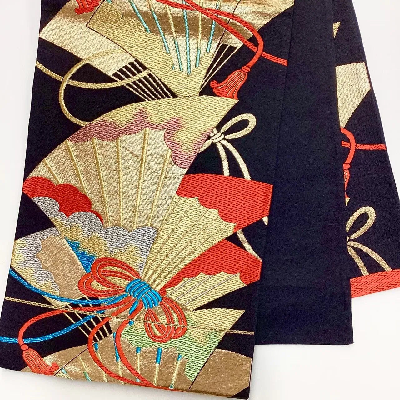 6694# Japanese Vintage Fukuro Obi Belt Kimono Fabric Silk Traditional Black