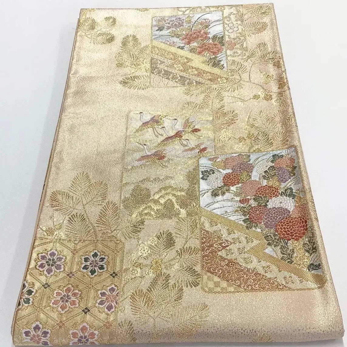 6724# Japanese Vintage Fukuro Obi Belt Kimono Fabric Silk Traditional Gold