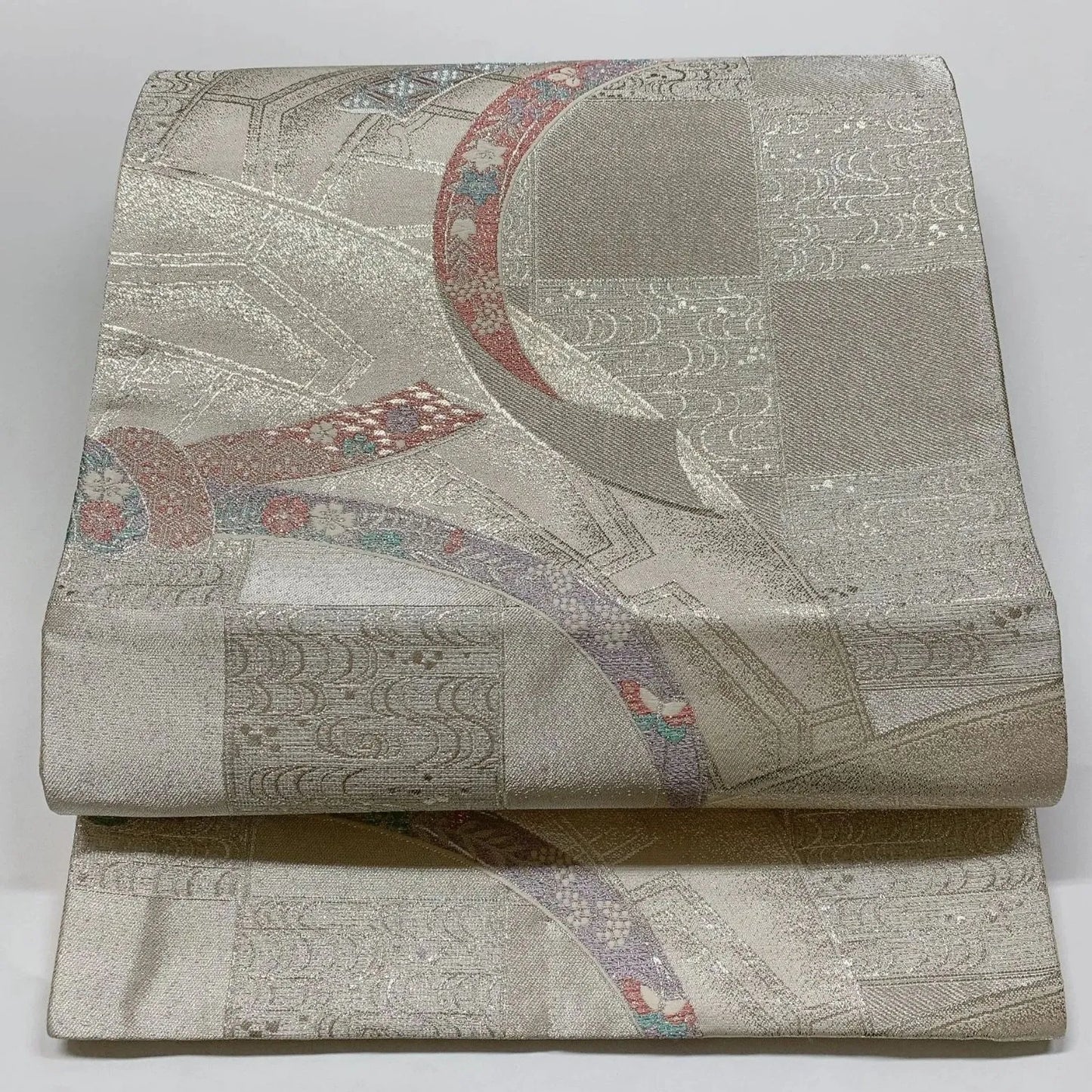 6823# Japanese Vintage Fukuro Obi Belt Kimono Fabric Silk Traditional Silver