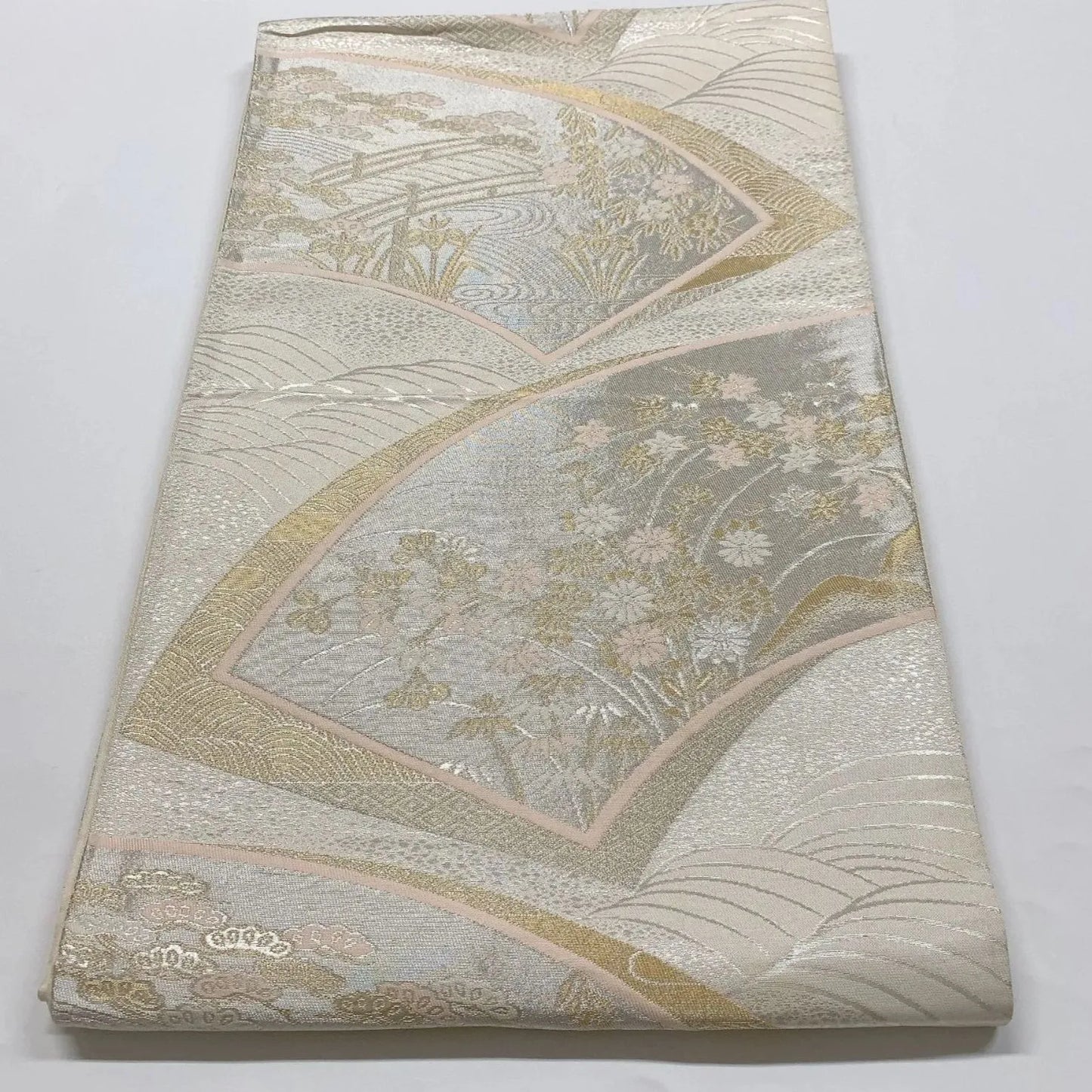 6839# Japanese Vintage Fukuro Obi Belt Kimono Fabric Silk Traditional Silver
