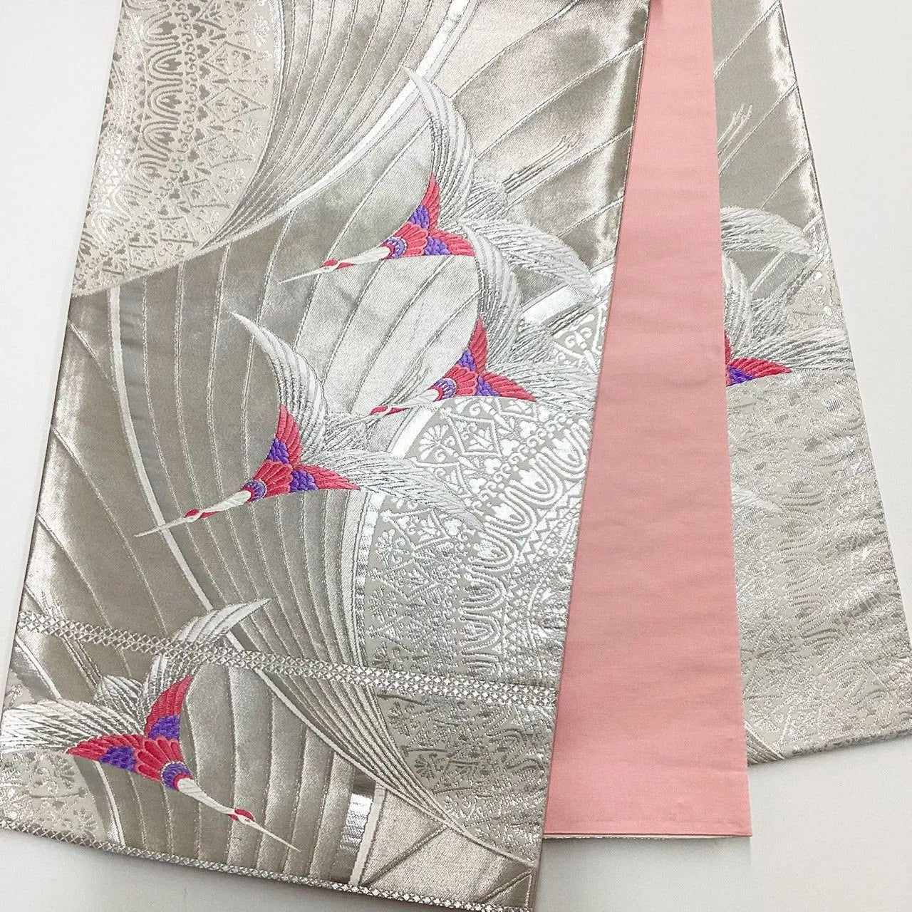 7005# Japanese Vintage Fukuro Obi Belt Kimono Fabric Silk Traditional Silver