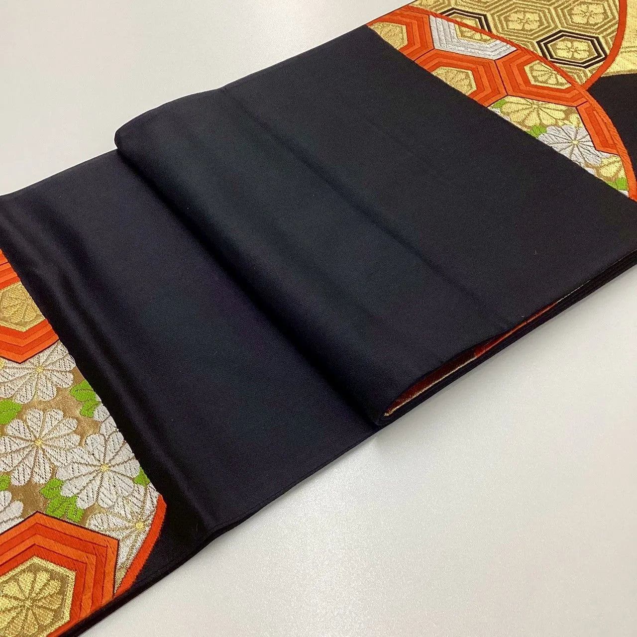 7008# Japanese Vintage Fukuro Obi Belt Kimono Fabric Silk Traditional Black