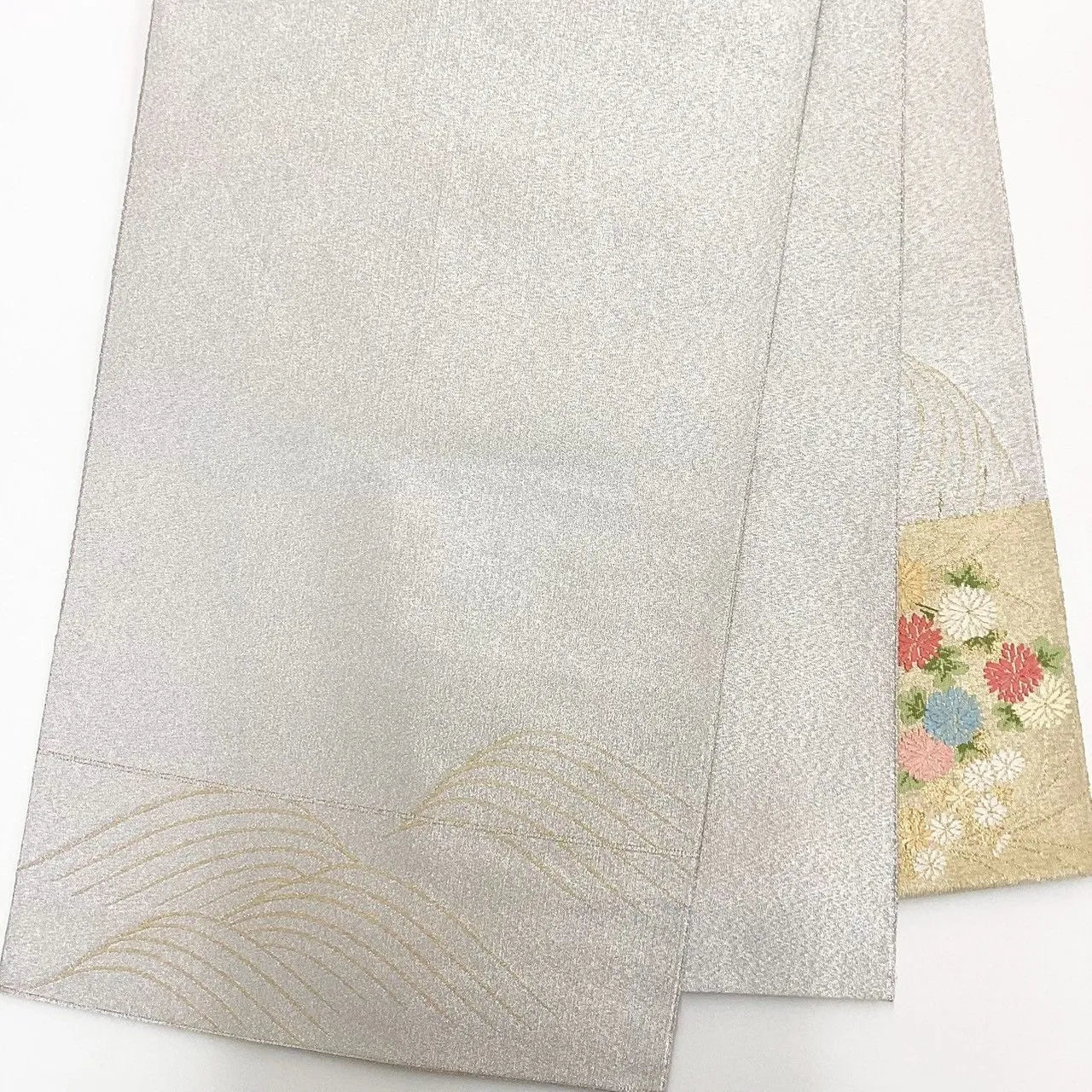 7034# Japanese Vintage Fukuro Obi Belt Kimono Fabric Silk Traditional Silver