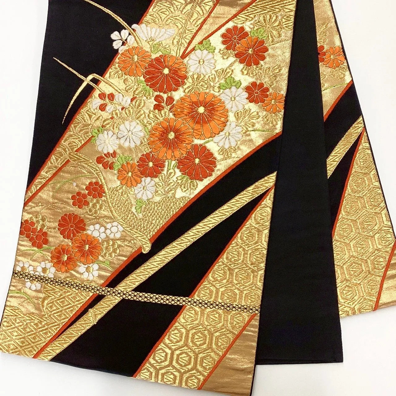 7041# Japanese Vintage Fukuro Obi Belt Kimono Fabric Silk Traditional Black