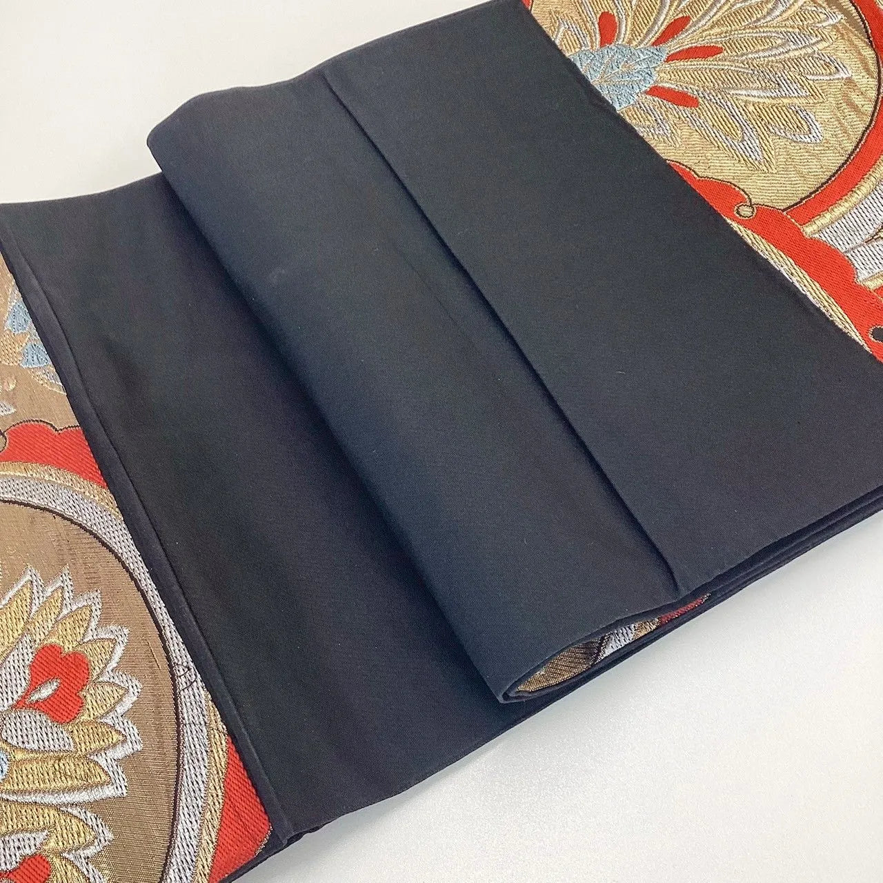 7043# Japanese Vintage Fukuro Obi Belt Kimono Fabric Silk Traditional Black