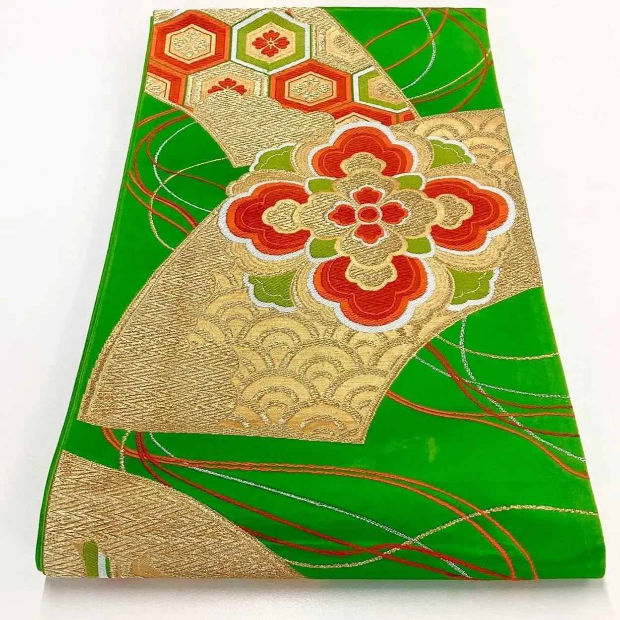 7038# Japanese Vintage Fukuro Obi Belt Kimono Fabric Silk Traditional Green