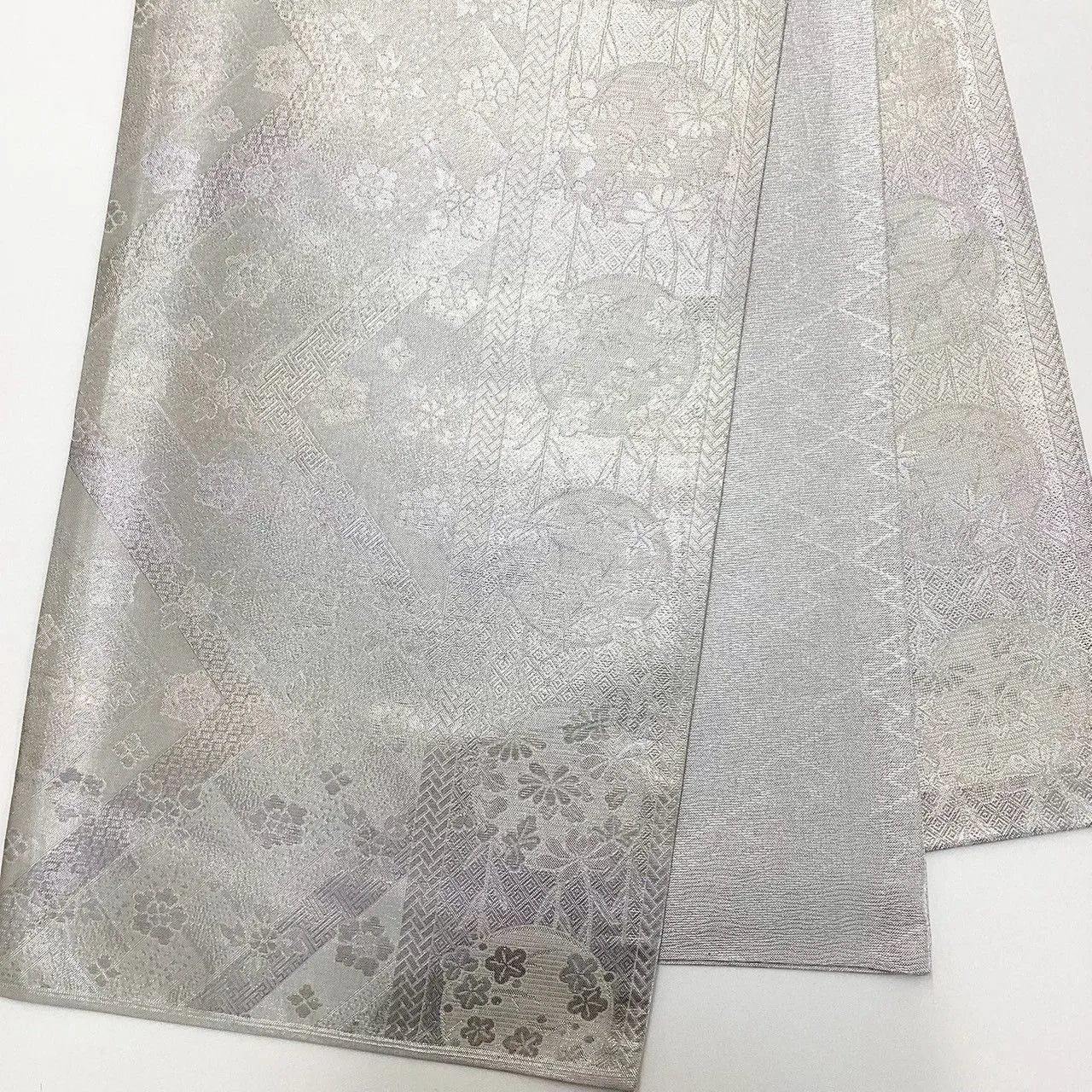 7220# Japanese Vintage Fukuro Obi Belt Kimono Fabric Silk Traditional Silver