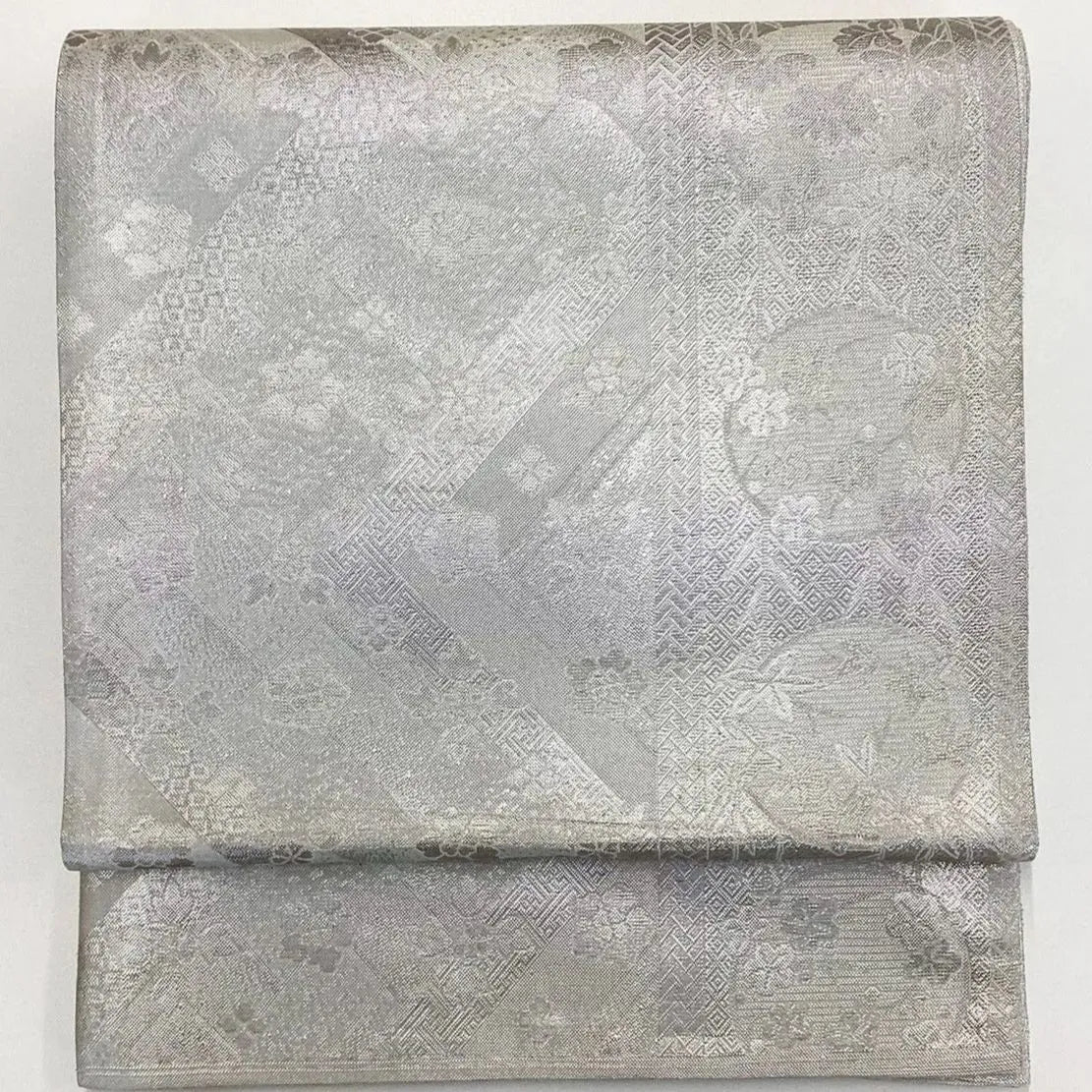 7220# Japanese Vintage Fukuro Obi Belt Kimono Fabric Silk Traditional Silver