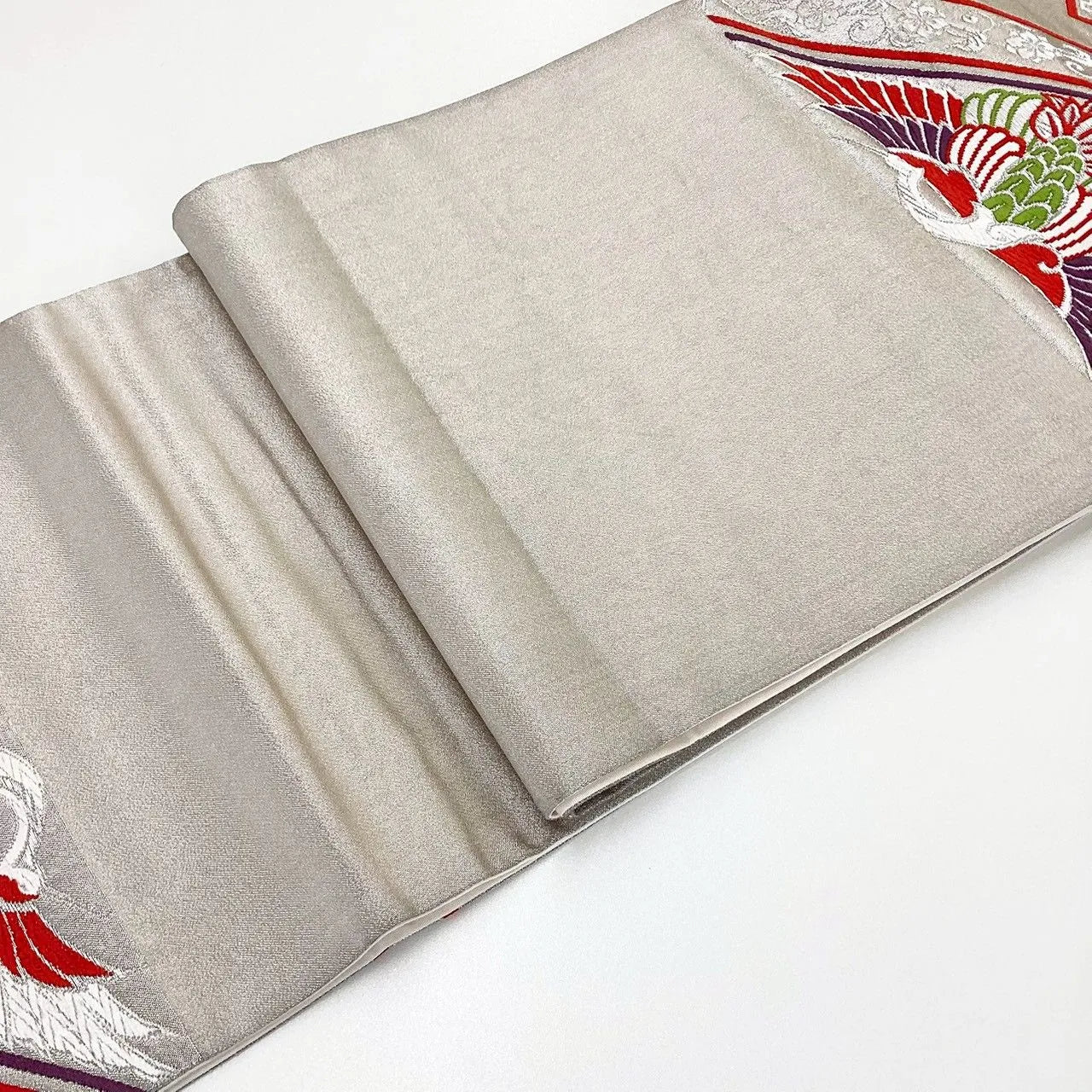 7252# Japanese Vintage Fukuro Obi Belt Kimono Fabric Silk Traditional Silver
