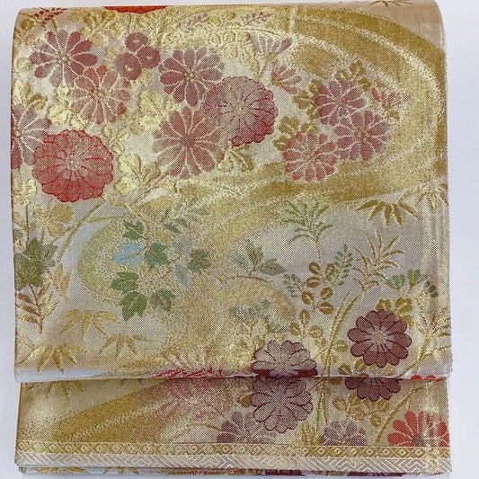 7245# Japanese Vintage Fukuro Obi Belt Kimono Fabric Silk Traditional Gold