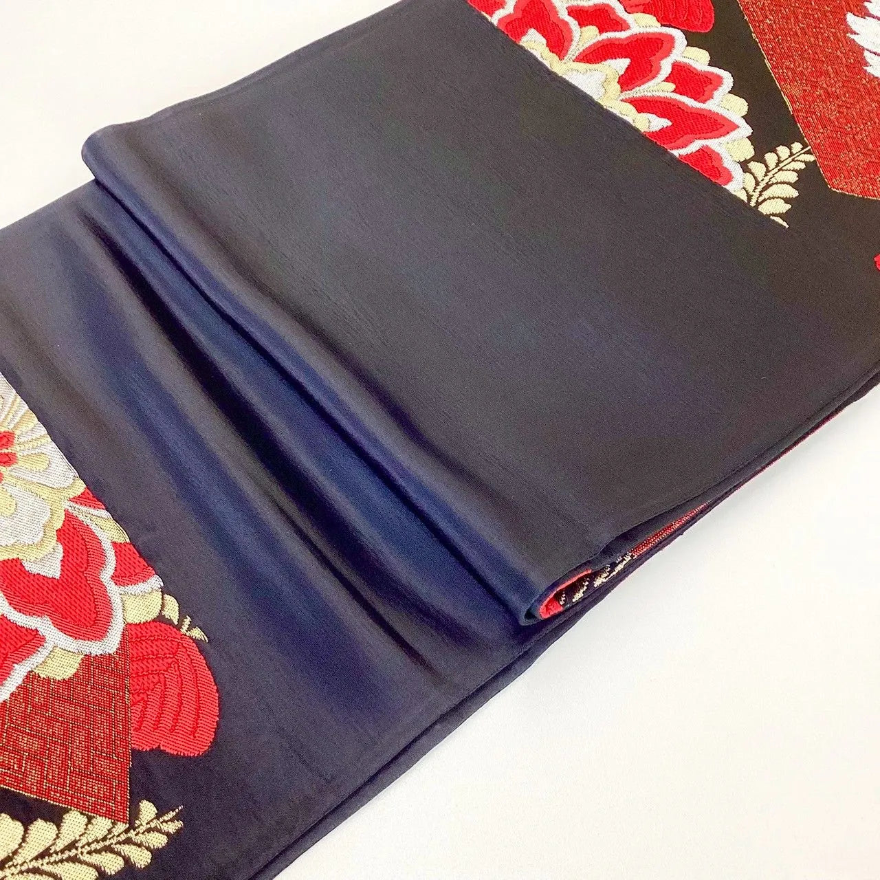 7262# Japanese Vintage Fukuro Obi Belt Kimono Fabric Silk Traditional Black