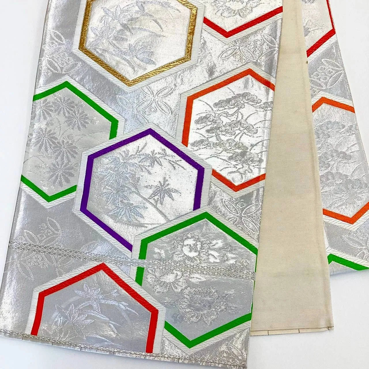 7275# Japanese Vintage Fukuro Obi Belt Kimono Fabric Silk Traditional Silver