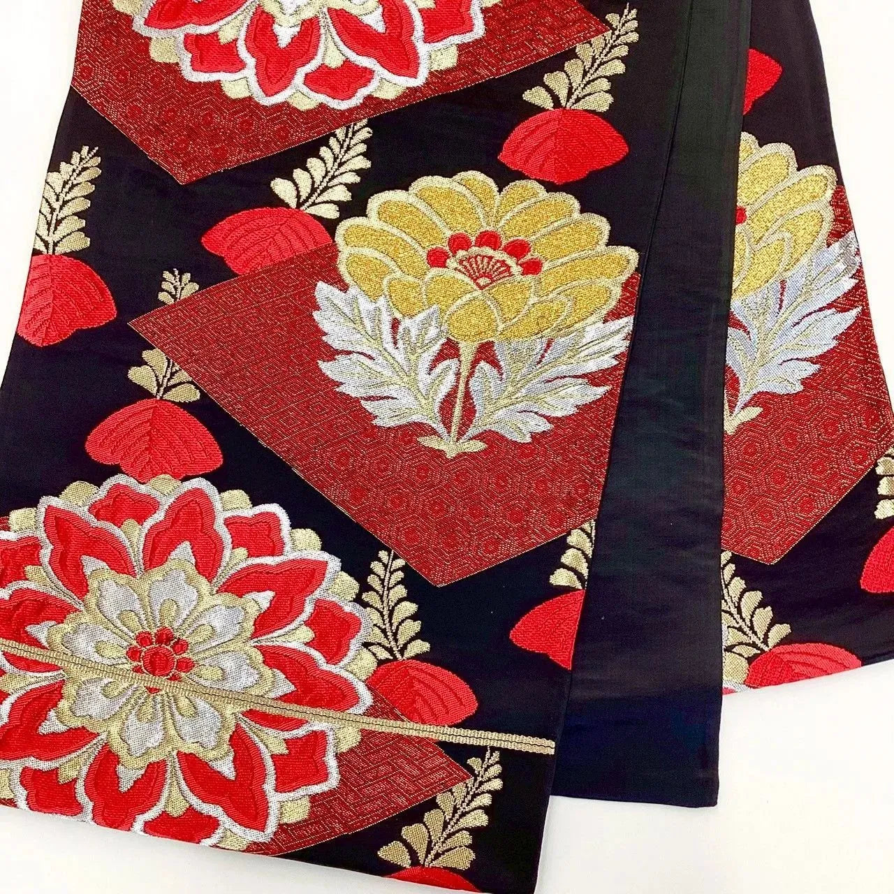7262# Japanese Vintage Fukuro Obi Belt Kimono Fabric Silk Traditional Black