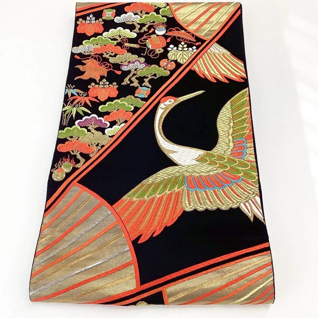 7297# Japanese Vintage Fukuro Obi Belt Kimono Fabric Silk Traditional Black