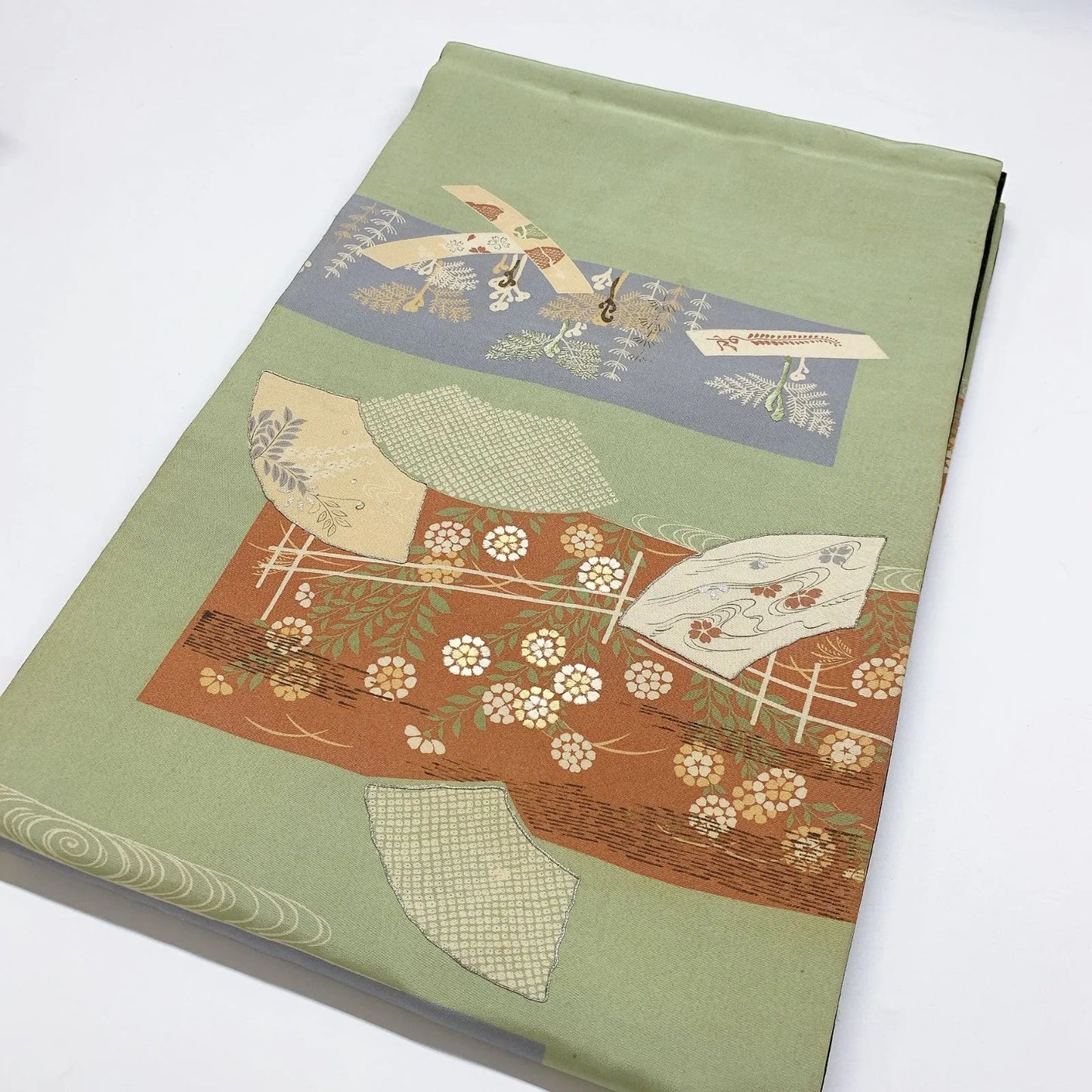 7344# Japanese Antique Fukuro Obi Belt Kimono Fabric Silk Embroidery
