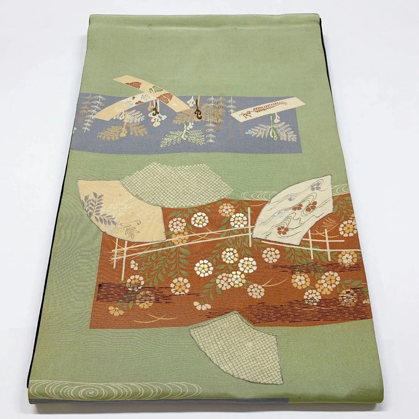 7344# Japanese Antique Fukuro Obi Belt Kimono Fabric Silk Embroidery