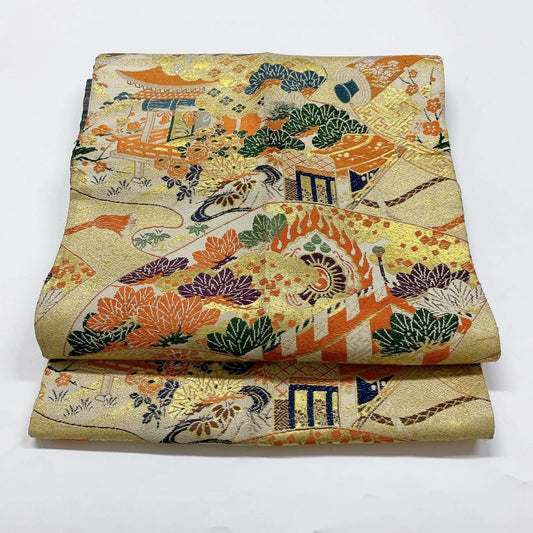7355# Japanese Antique Nagoya Obi Belt Kimono Fabric Silk Traditional Embroidery