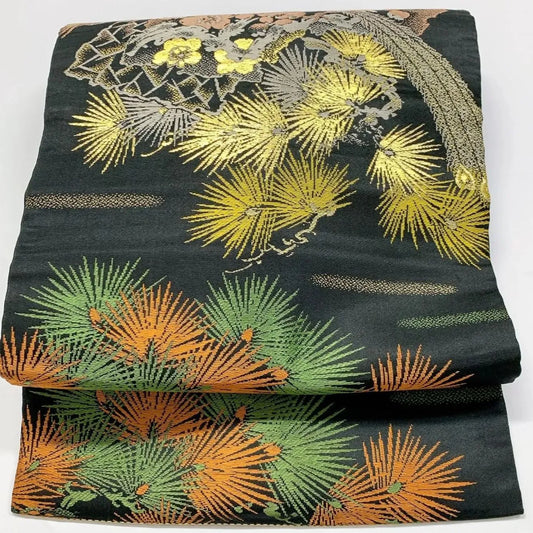 7377# Japanese Antique Nagoya Obi Belt Kimono Fabric Silk Traditional Black