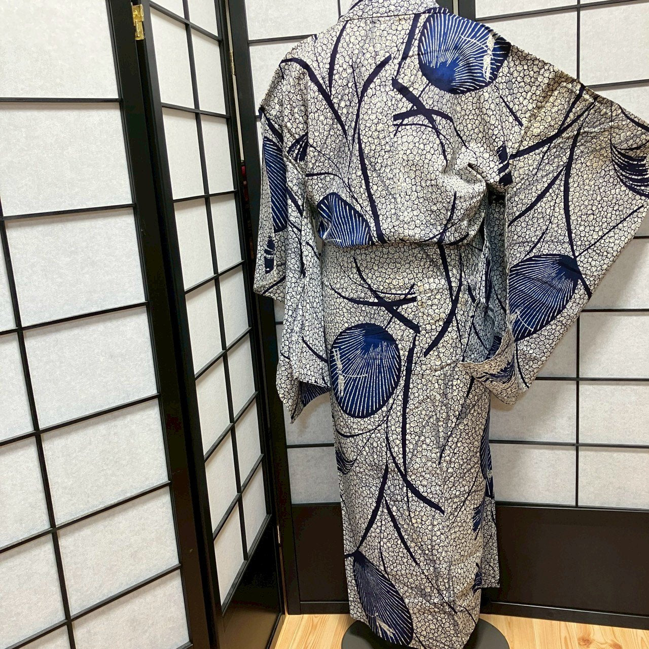 ［9068］浴衣 トンボ団扇文様 うちわ 綿 ゆかた レディース リメイク