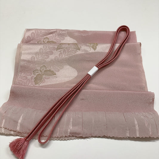 ［9805］帯締め 帯揚げ セット 舞蝶草葉文様 金糸 正絹 着物 帯絞め