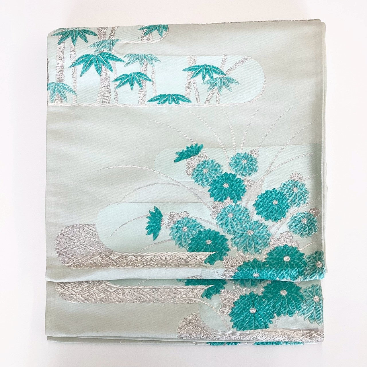 ［8835］袋帯 霞草花笹文様 銀糸 六通 正絹 着物 フォーマル