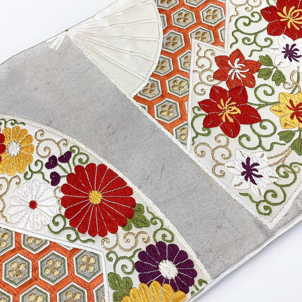 ［8848］袋帯 扇草花亀甲文様 刺繍 六通 正絹 着物 フォーマル