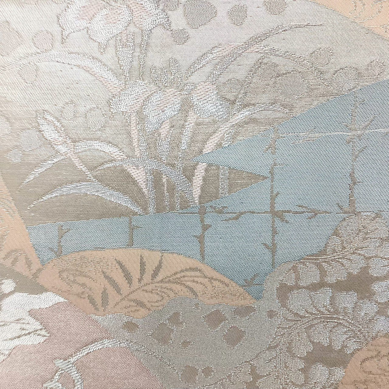 ［8868］袋帯 扇面草花文様 銀糸 六通 正絹 着物 フォーマル
