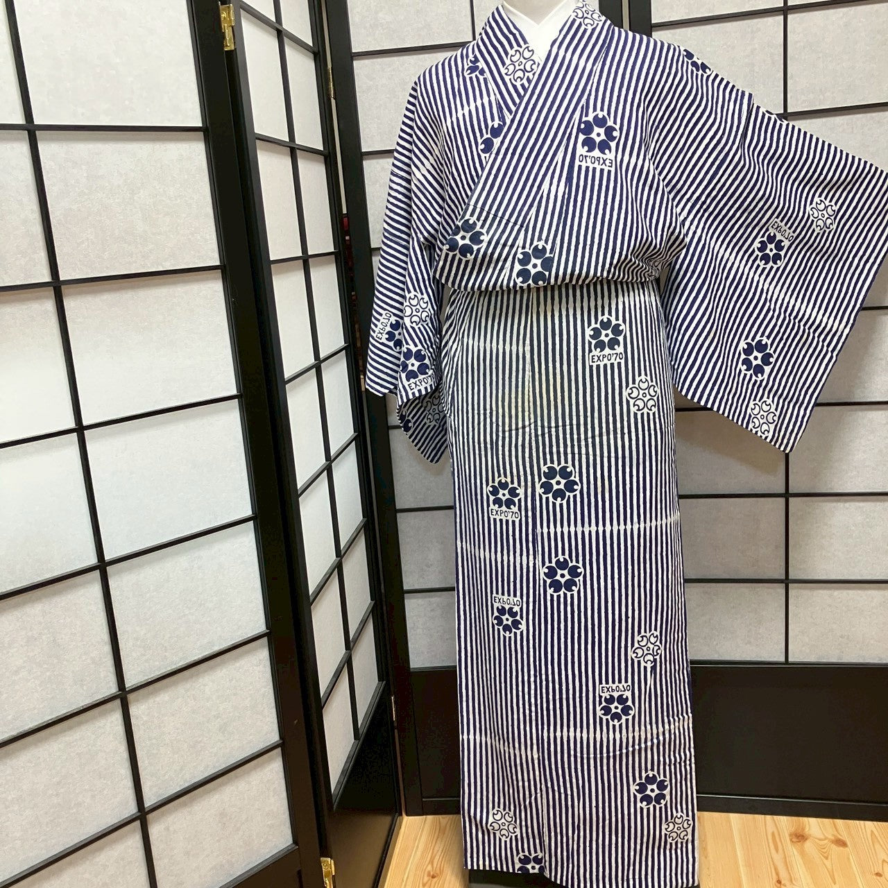 ［9063］浴衣 EXPO'70 縞帳 綿 ゆかた レディース リメイク