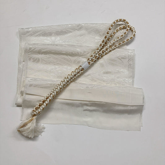 ［9793］帯締め 帯揚げ セット 花紗綾形 金糸 白 正絹 着物 帯絞め